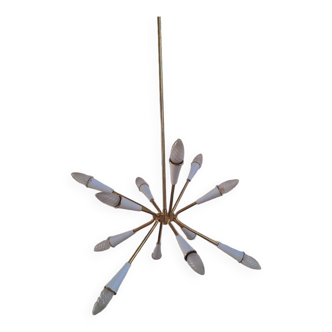 Stilnovo style 12 light Brass and White sputnik Chandelier