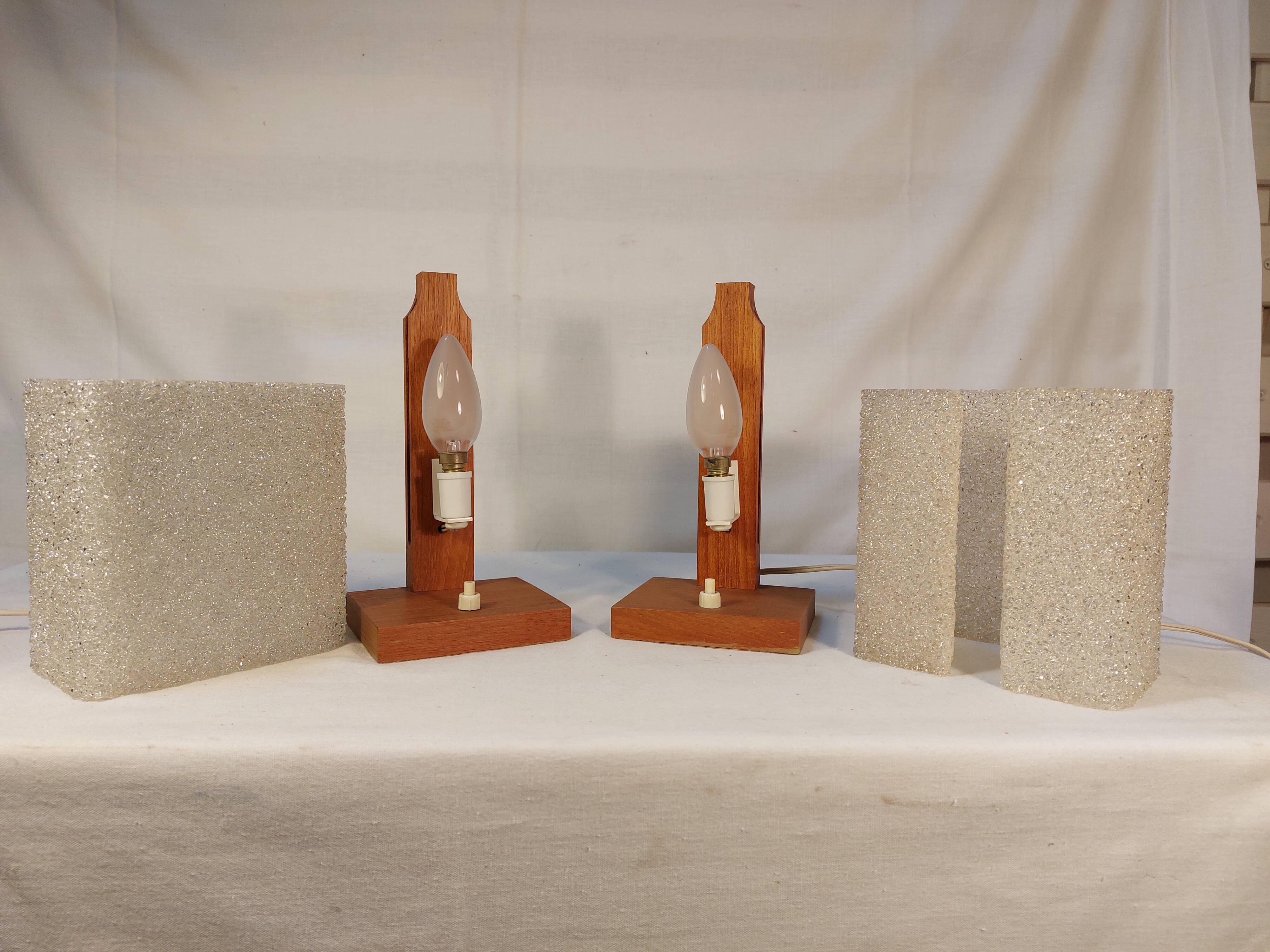 Pair of vintage Scandinavian table lamps in teak and Perspex