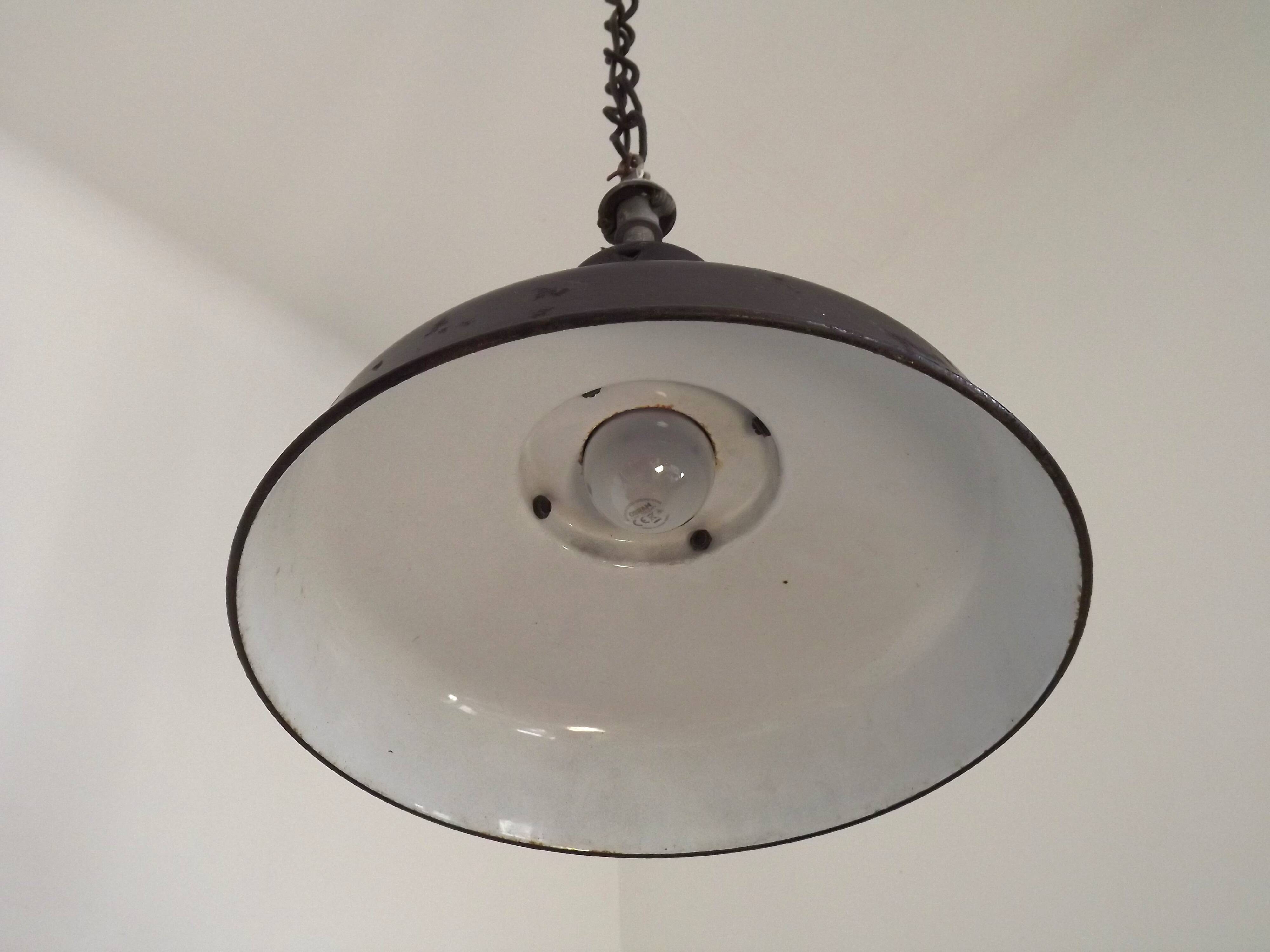 Enameled pendant workshop “reflecto-lux” hanging light, 1950s france