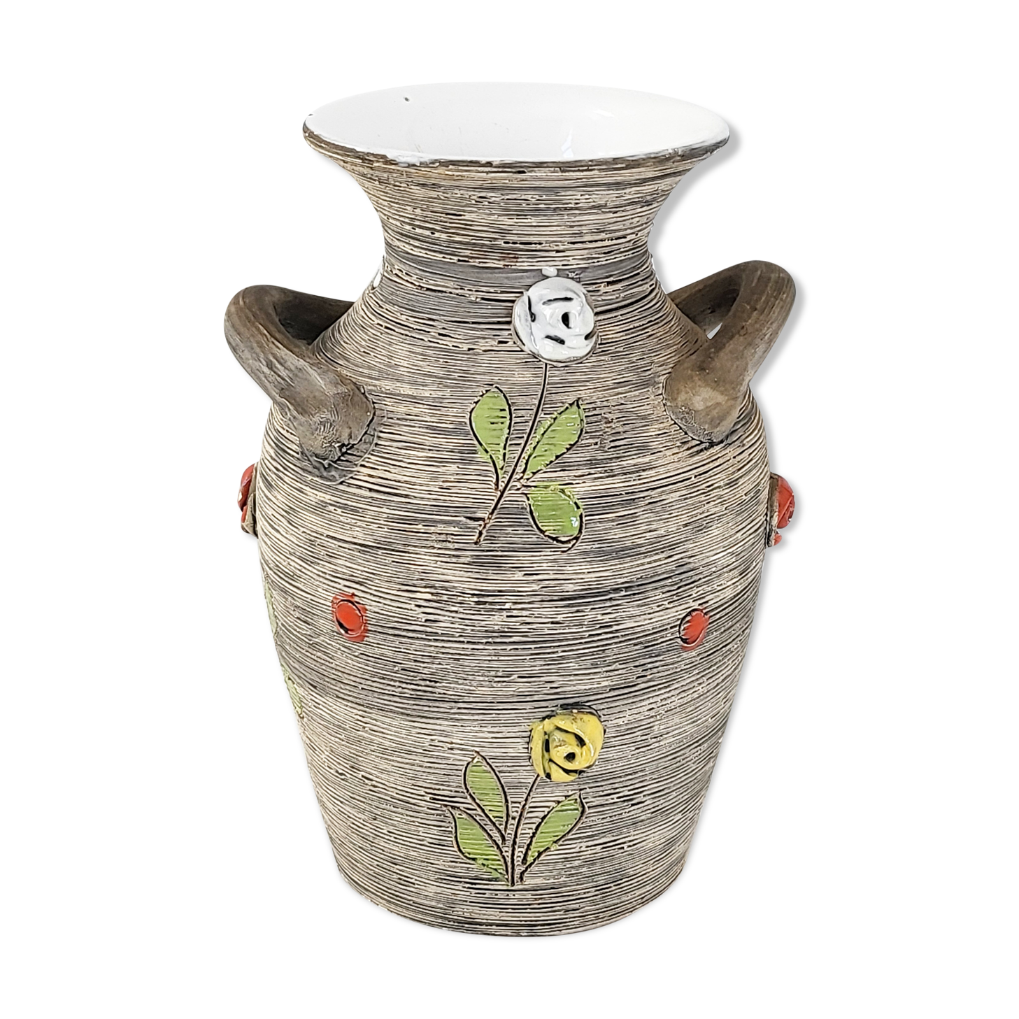 Vintage vase 1950 ceramic flowers relief