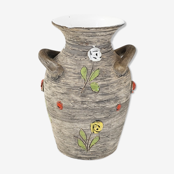 Vase vintage 1950 céramique fleurs relief