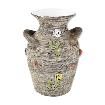 Vintage vase 1950 ceramic flowers relief