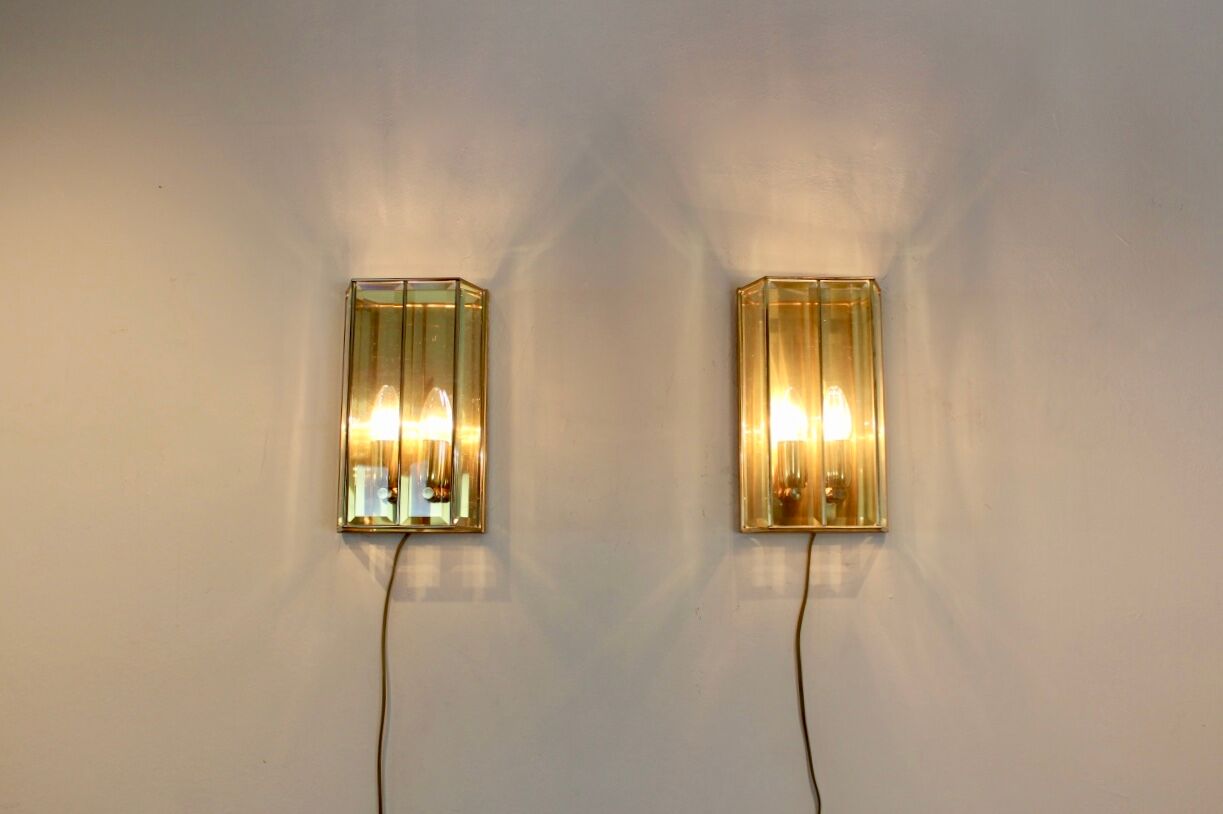 Glamorous pair of French Brass & Facet Glass Sconces