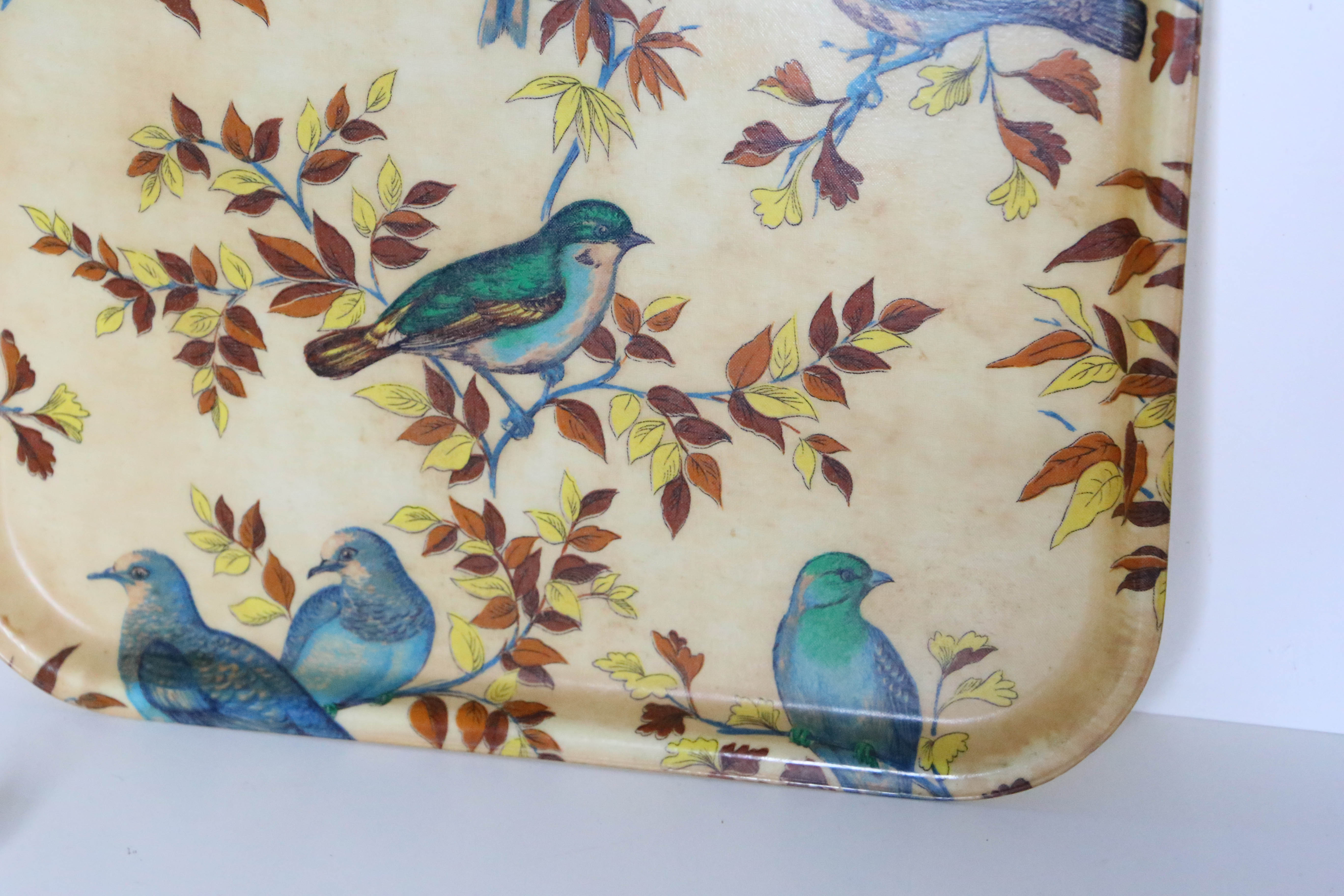 Fiber service tray, bird decorations, vintage