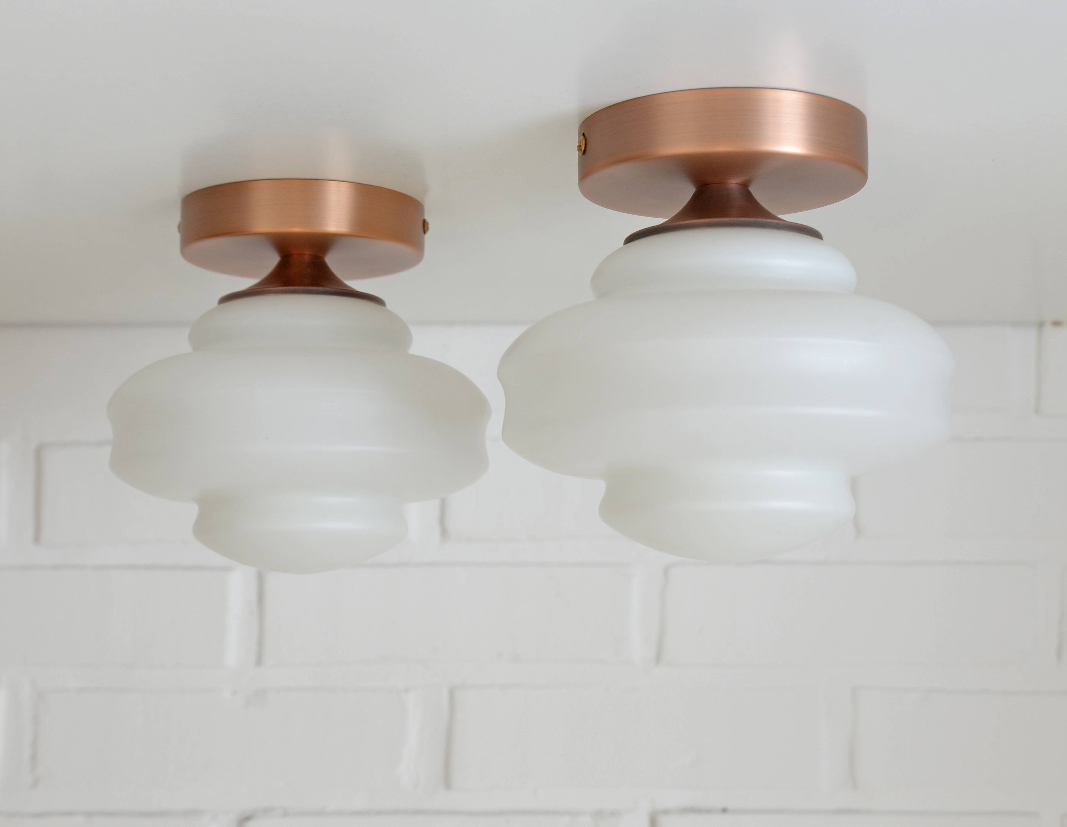 Set of 2 Vintage Milk Glass Sconces - Mid Century Modern Copper Flush Mount