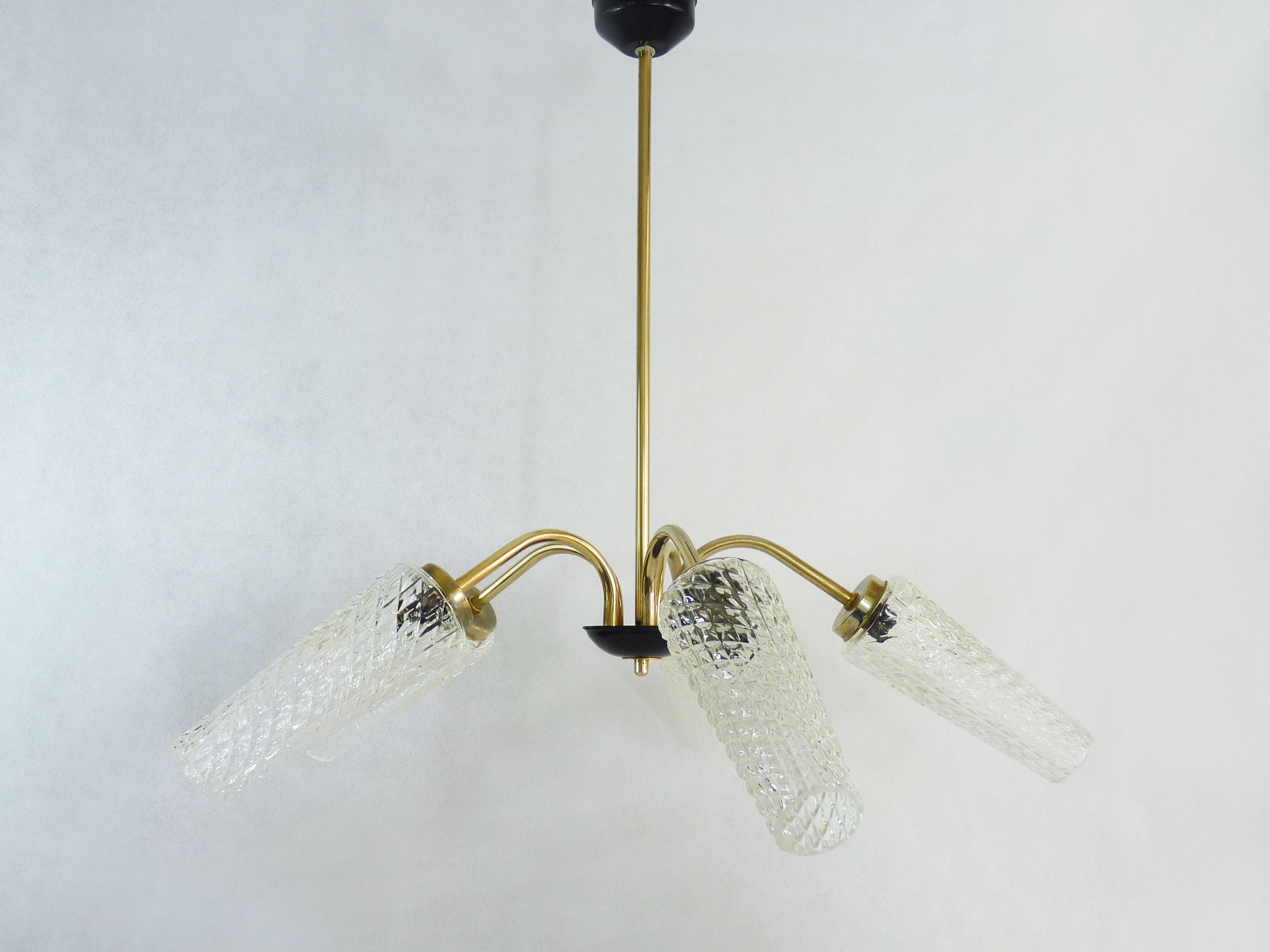 Old 5-branch chandelier, brass and glass tulips, vintage light fixture