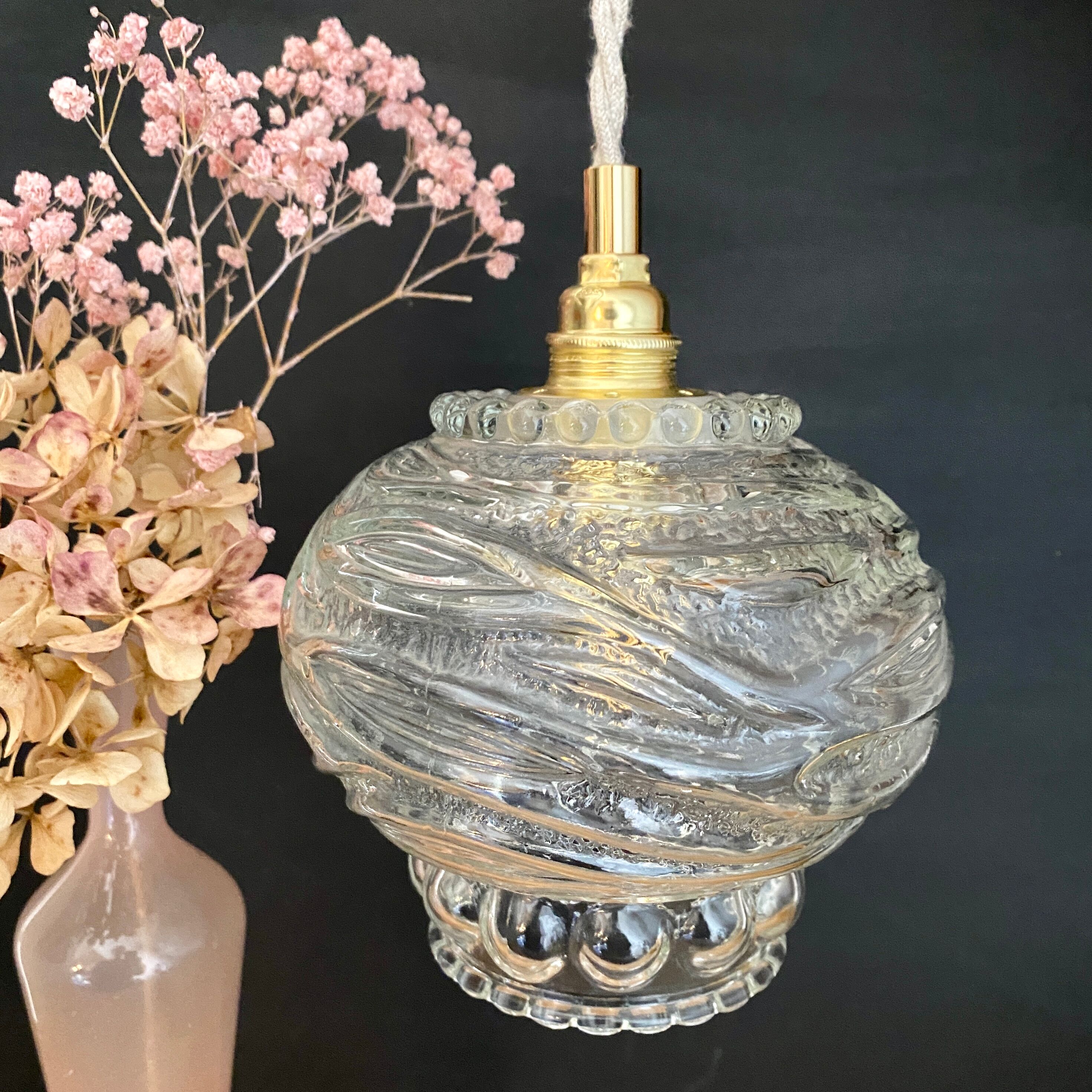 Vintage molded glass globe pendant light