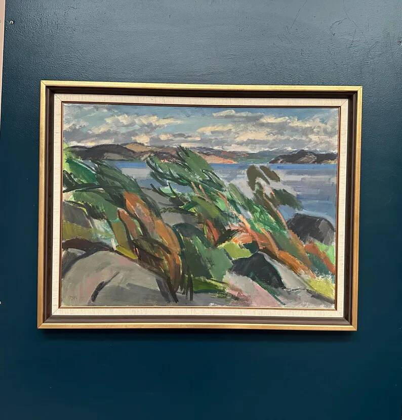 Large original Swedish oil on canvas – "Rocky Shore" – Signed – vintage and framed – 91 × 70 cm (35.8 in × 27.6 in)
