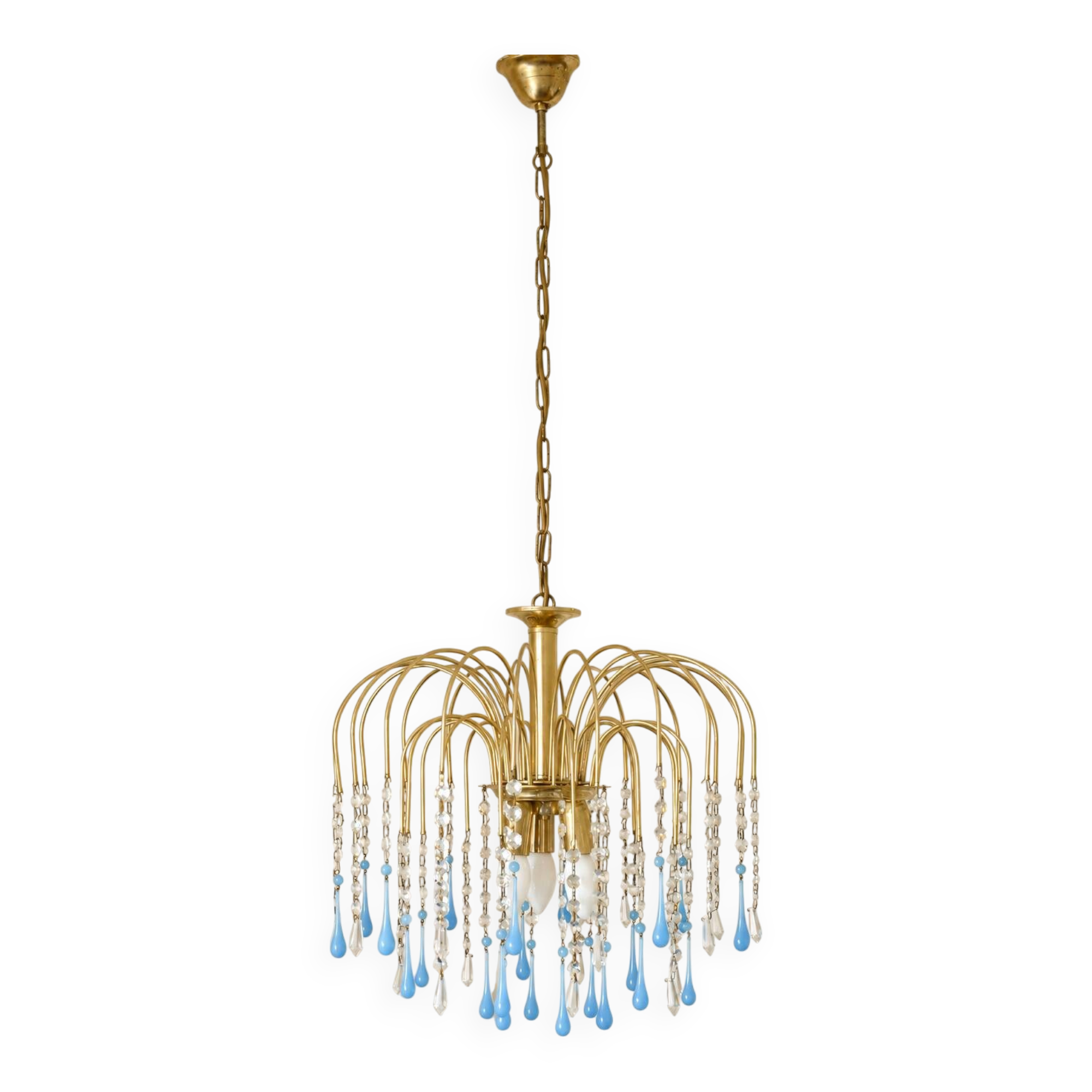Vintage chandelier with blue Murano glass pendants.