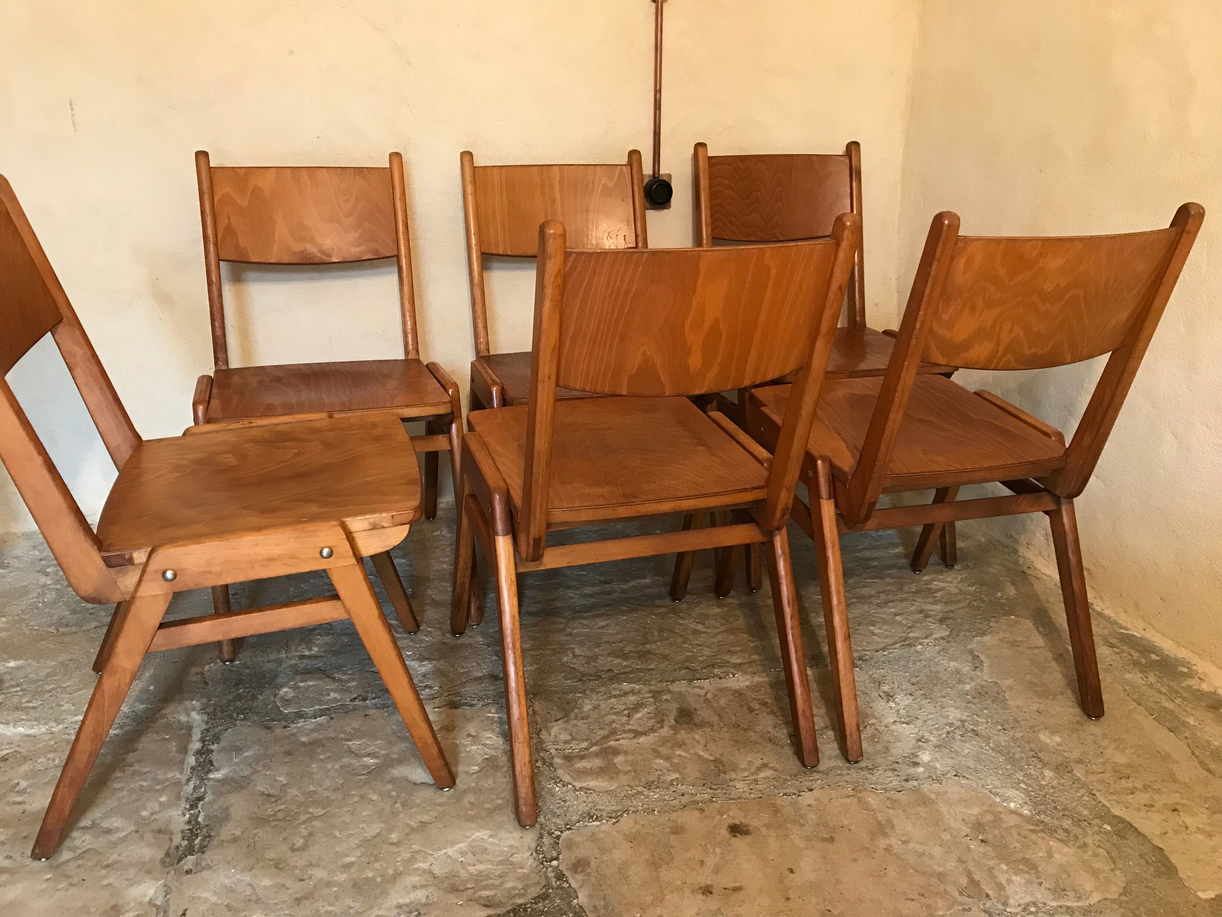 Set of 6 vintage wooden stackable chairs compass legs Germany 1960's