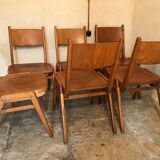 Set of 6 vintage wooden stackable chairs compass legs Germany 1960's