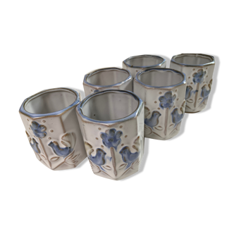 Set of 6 cups of coffee in sandstone decorated with birds
