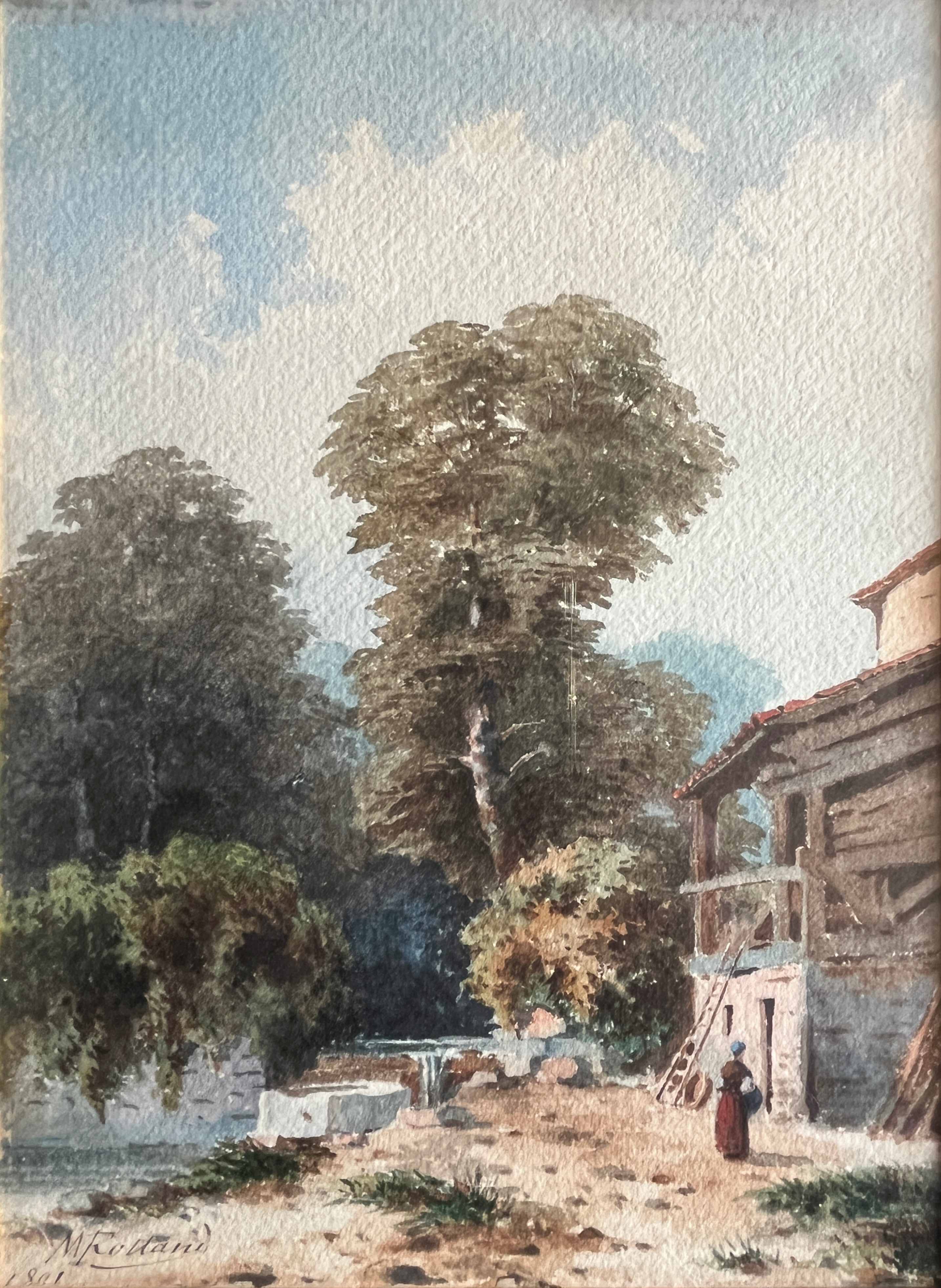 Watercolour painting by M. Romany (?) 1891, tree-lined and lively farmyard.