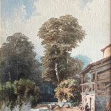 Watercolour painting by M. Romany (?) 1891, tree-lined and lively farmyard.