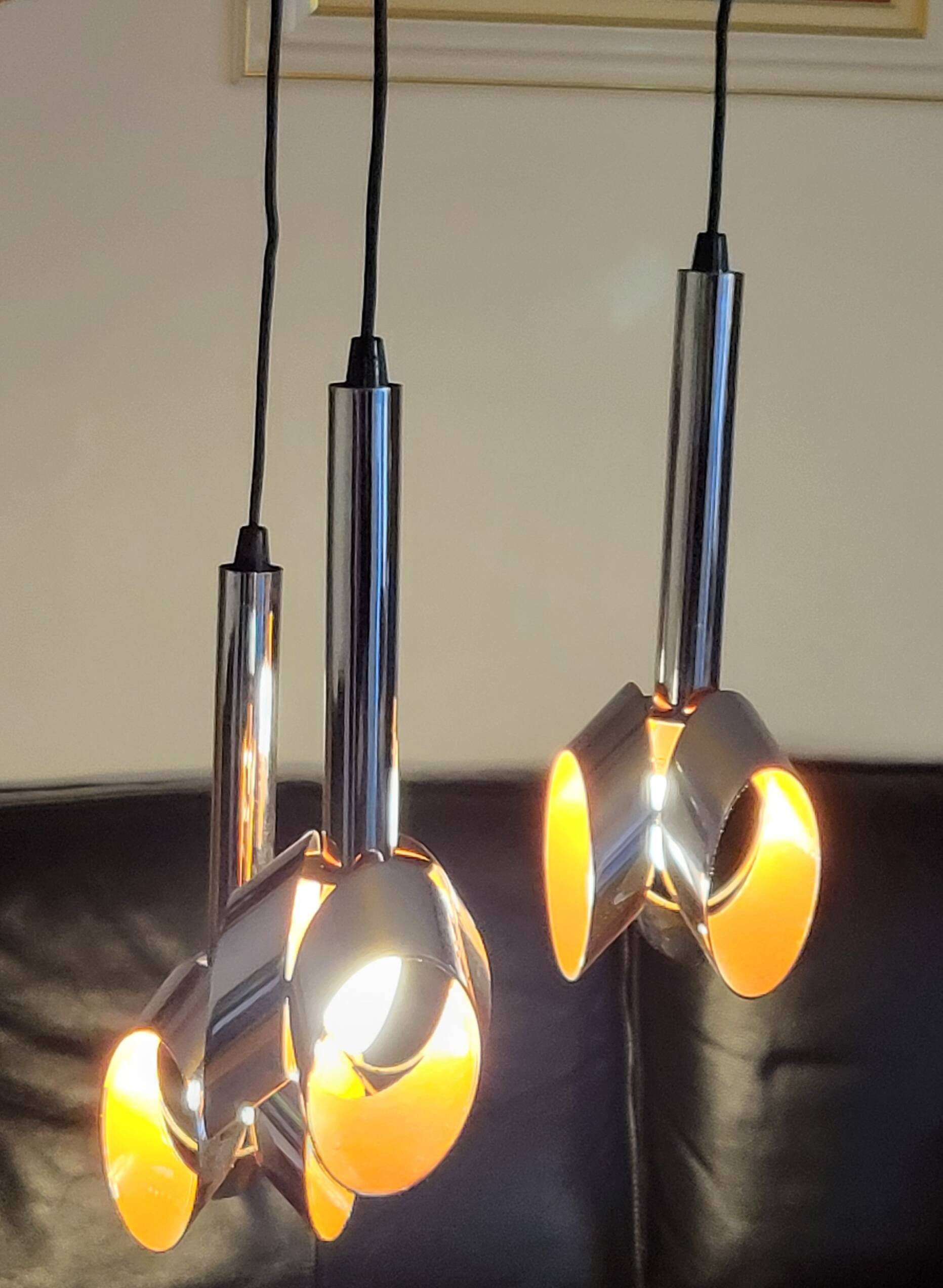 Massive Belgique three-armed waterfall pendant lamp in chrome and orange lacquer