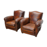 Pair of leather club armchairs with moustache cognac backrest France 1940
