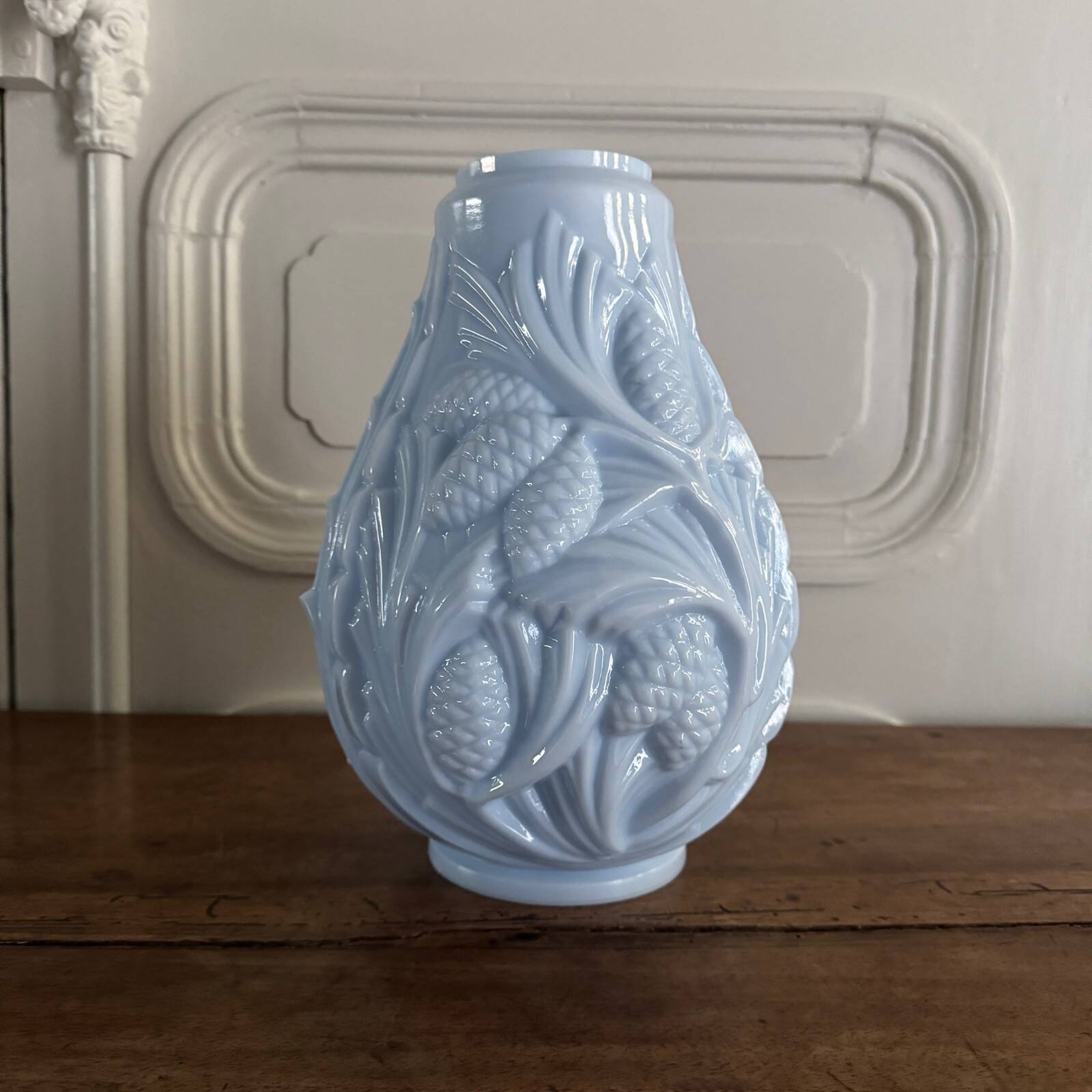 Blue opaline vase decorated with foliage and pine cones, 1930