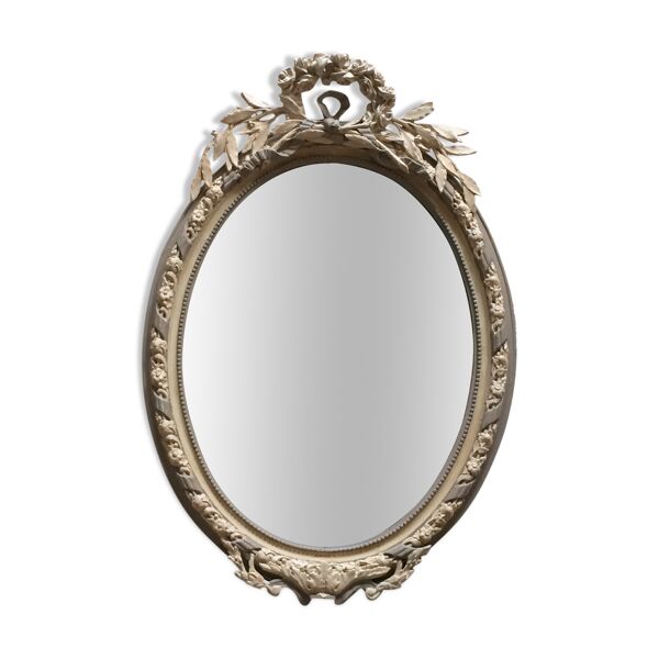 Miroir médaillon fronton noeud et roses gris et argile 98x68cm — Beyit