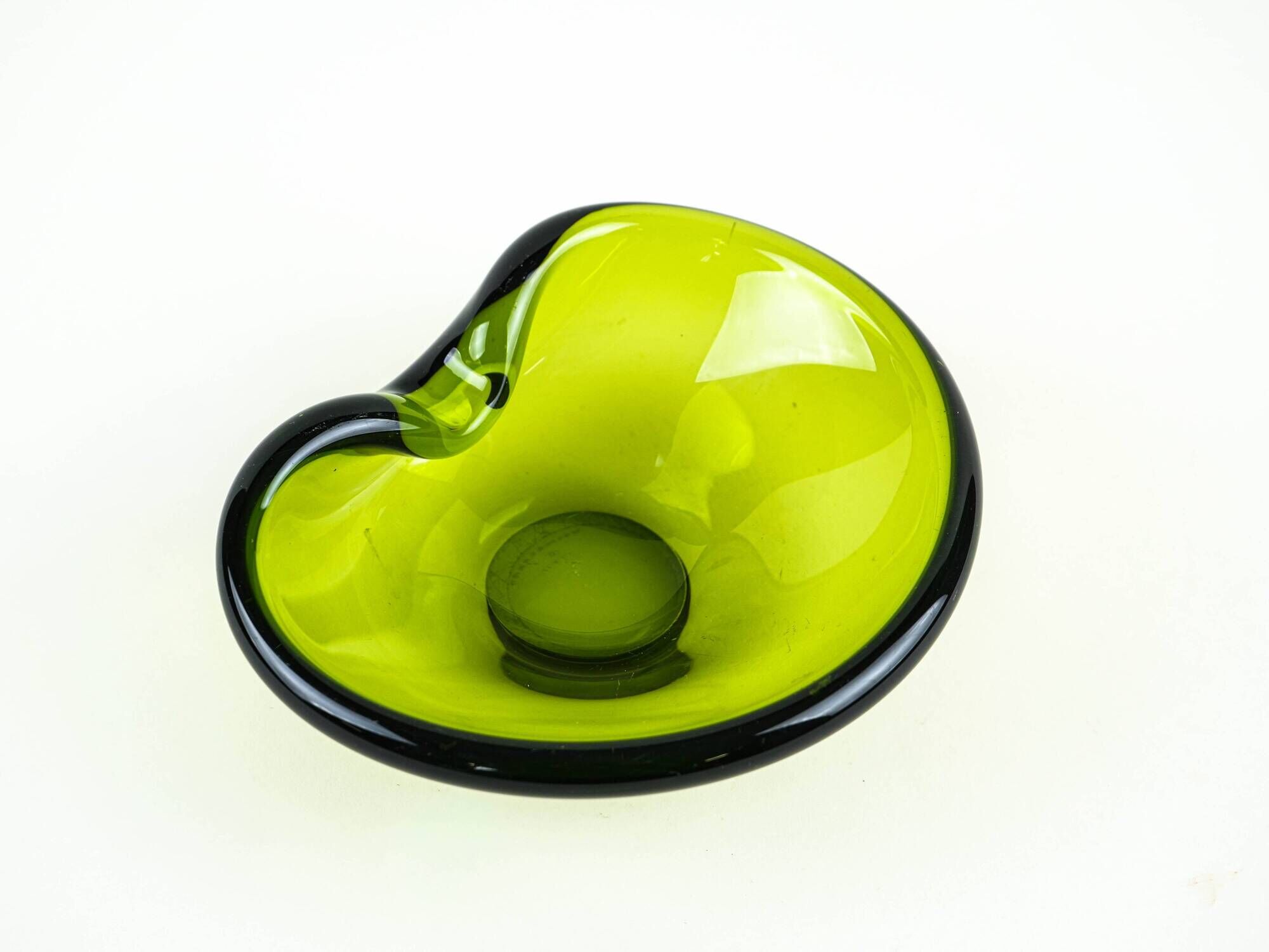 Holmegaard glass platter in olive green, organic form, Danish design, 1970s