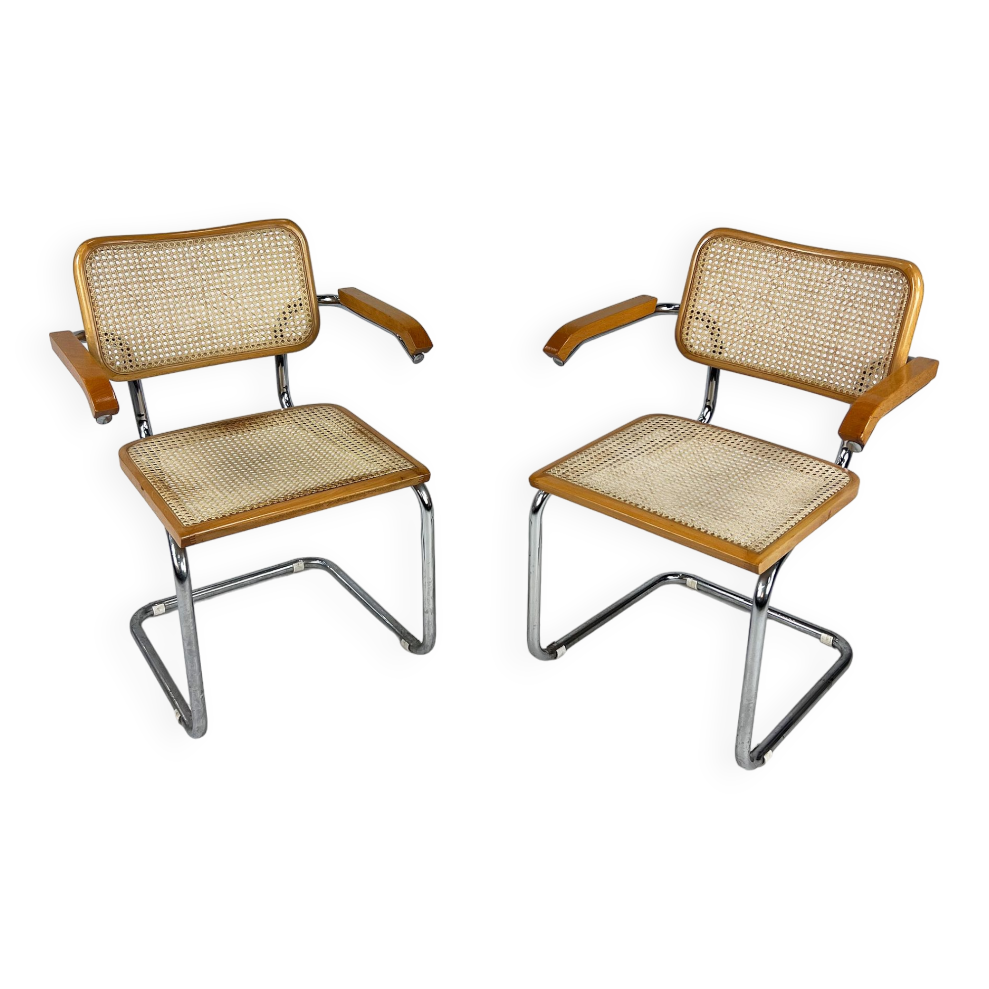 Set of 2 Tubular Frame and Cane Cantilever Arm chairs, Italy, 1970s