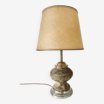 Lampe pierre, câble neuf tissu, abat-jour années 50