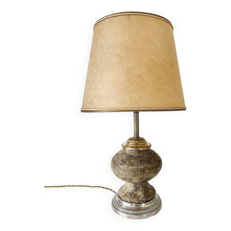 Lampe pierre, câble neuf tissu, abat-jour années 50