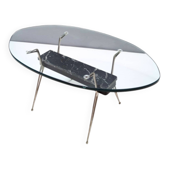 Table basse ovale vintage en verre avec marbre Portoro et base en fer, Italie