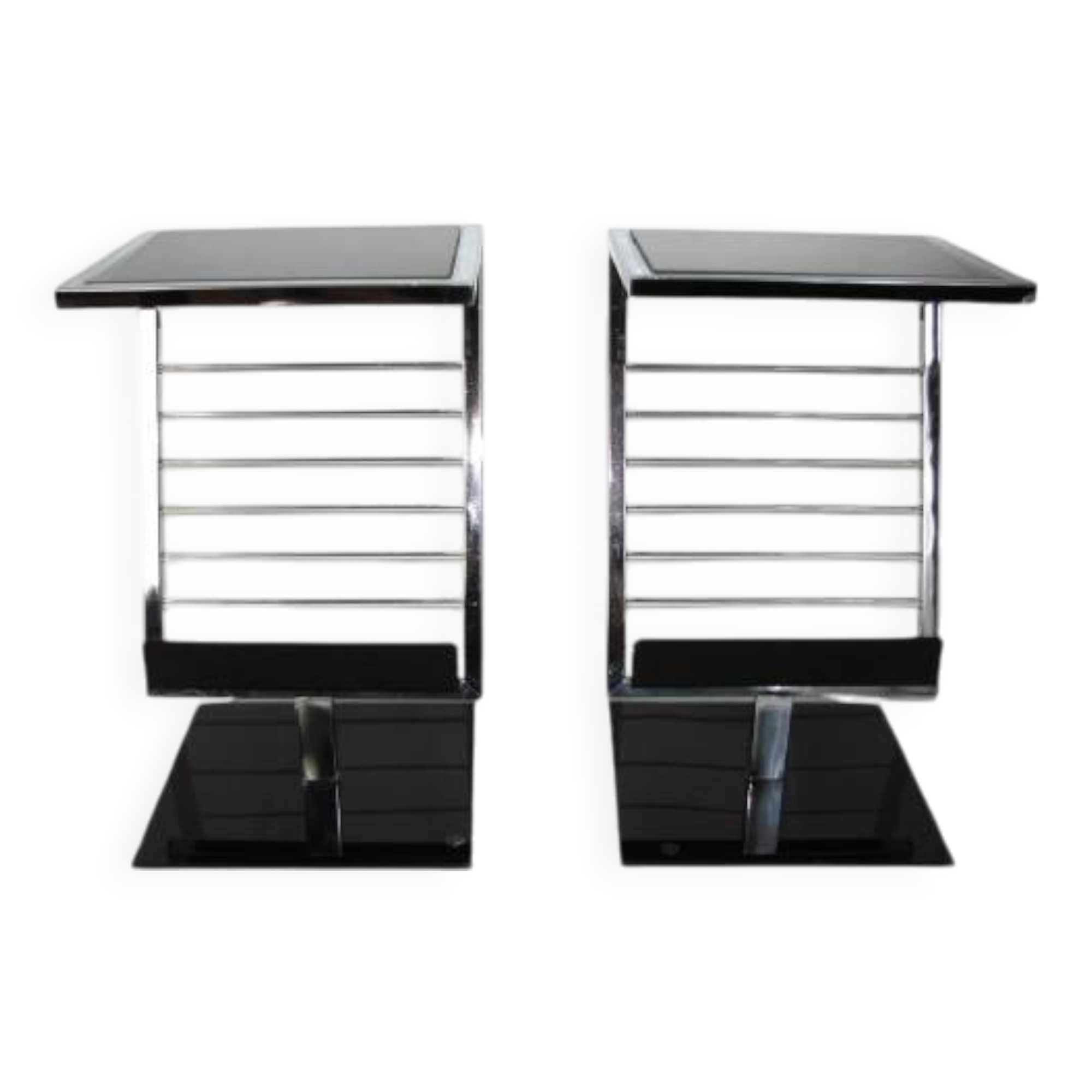2 side tables, bedside tables in black glass and chrome metal, 1980