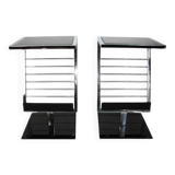 2 side tables, bedside tables in black glass and chrome metal, 1980