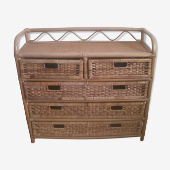 Large vintage wicker bamboo chest of drawers