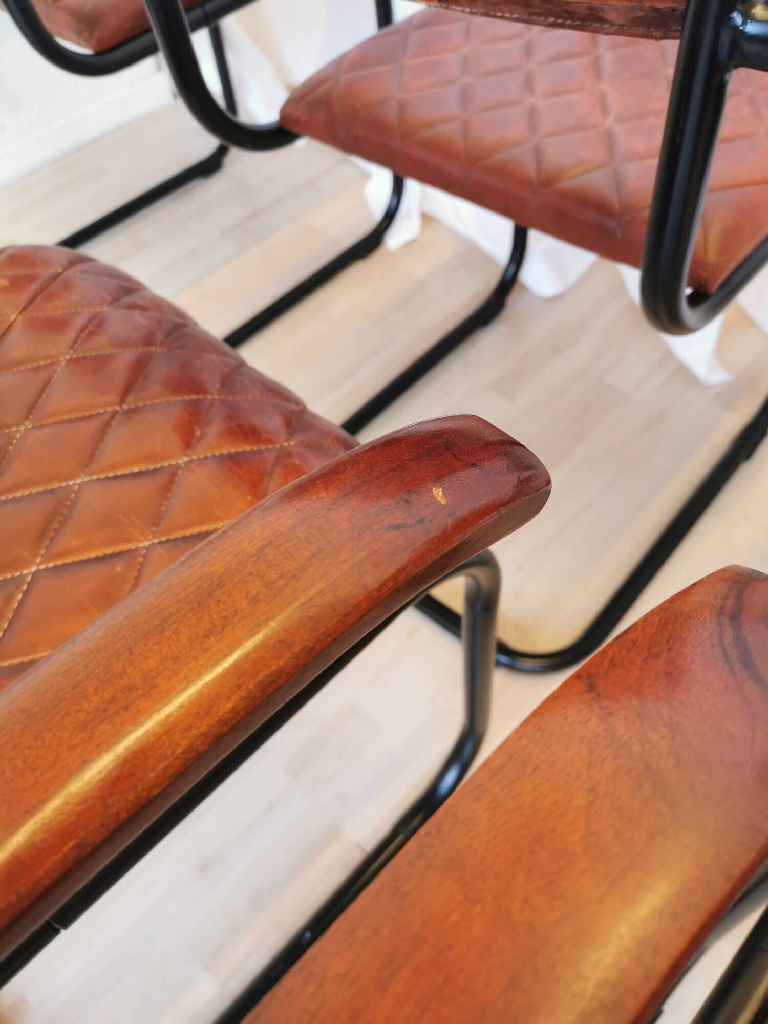 Set of 6 Vintage Cognac Leather Dining Chairs: Quilted Industrial Armchair
