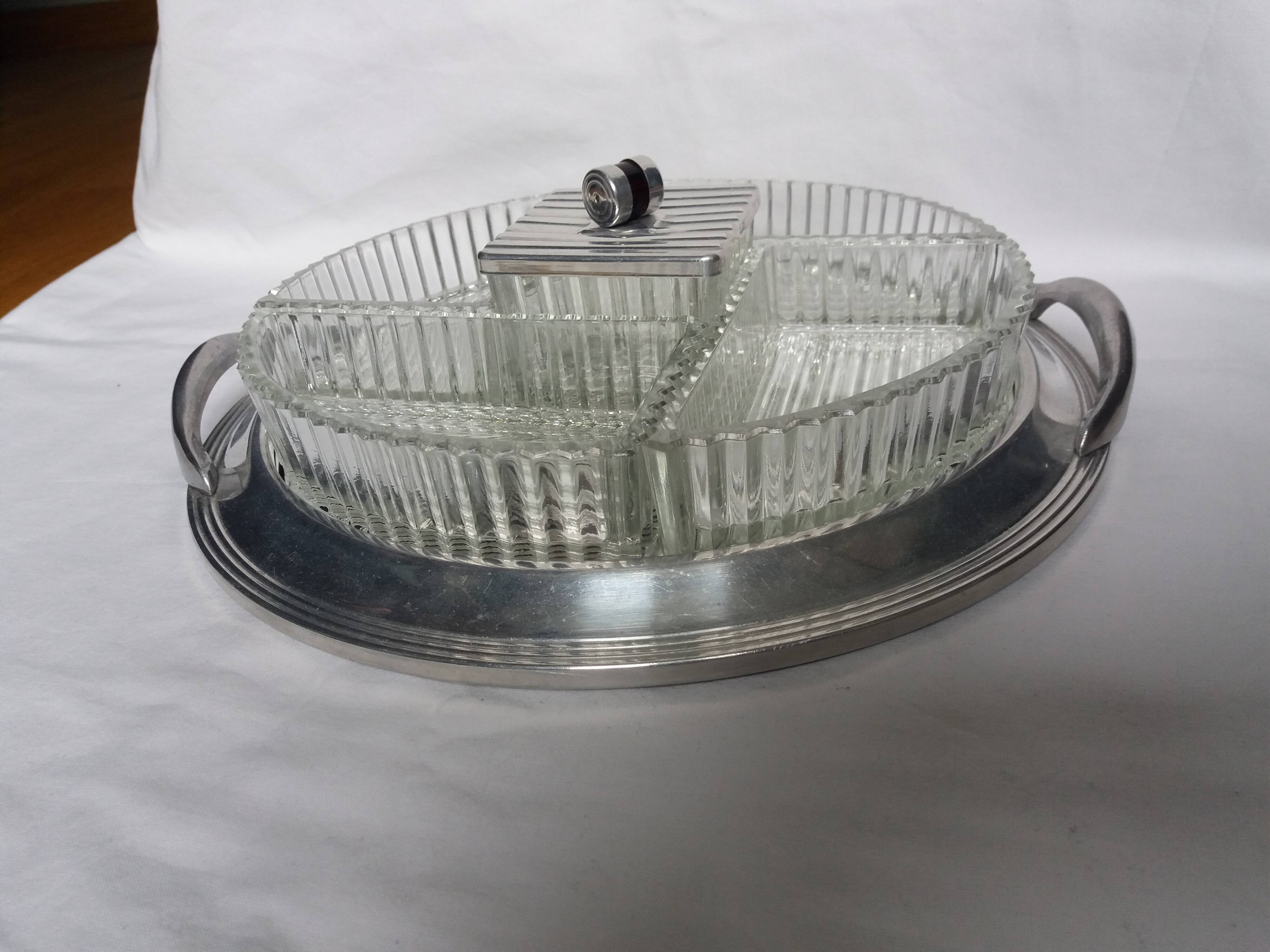 Appetizer tray with cups and Art Deco mirror tray