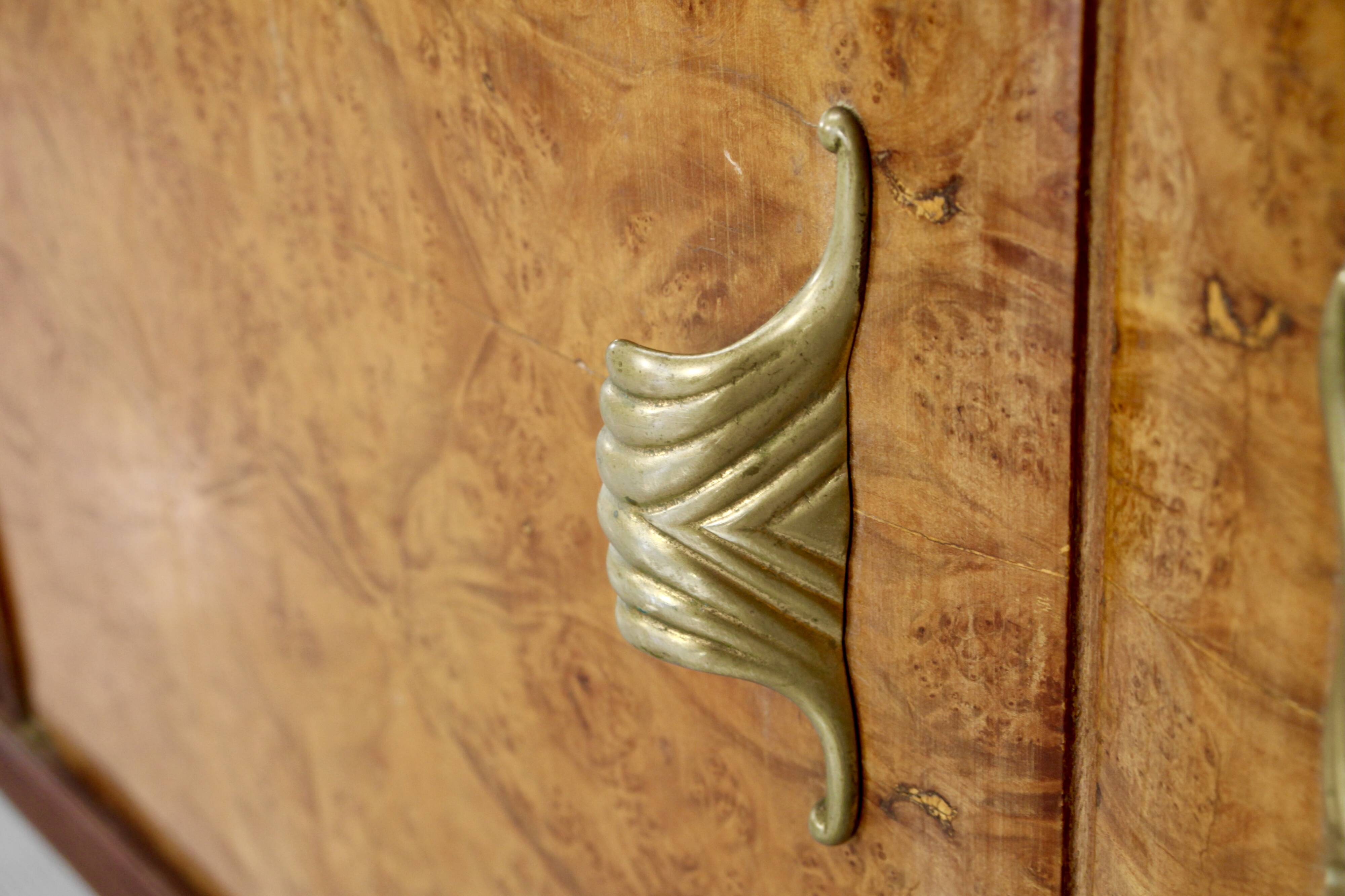 Midcentury Italian Sideboard In Walnut Root And Brass.