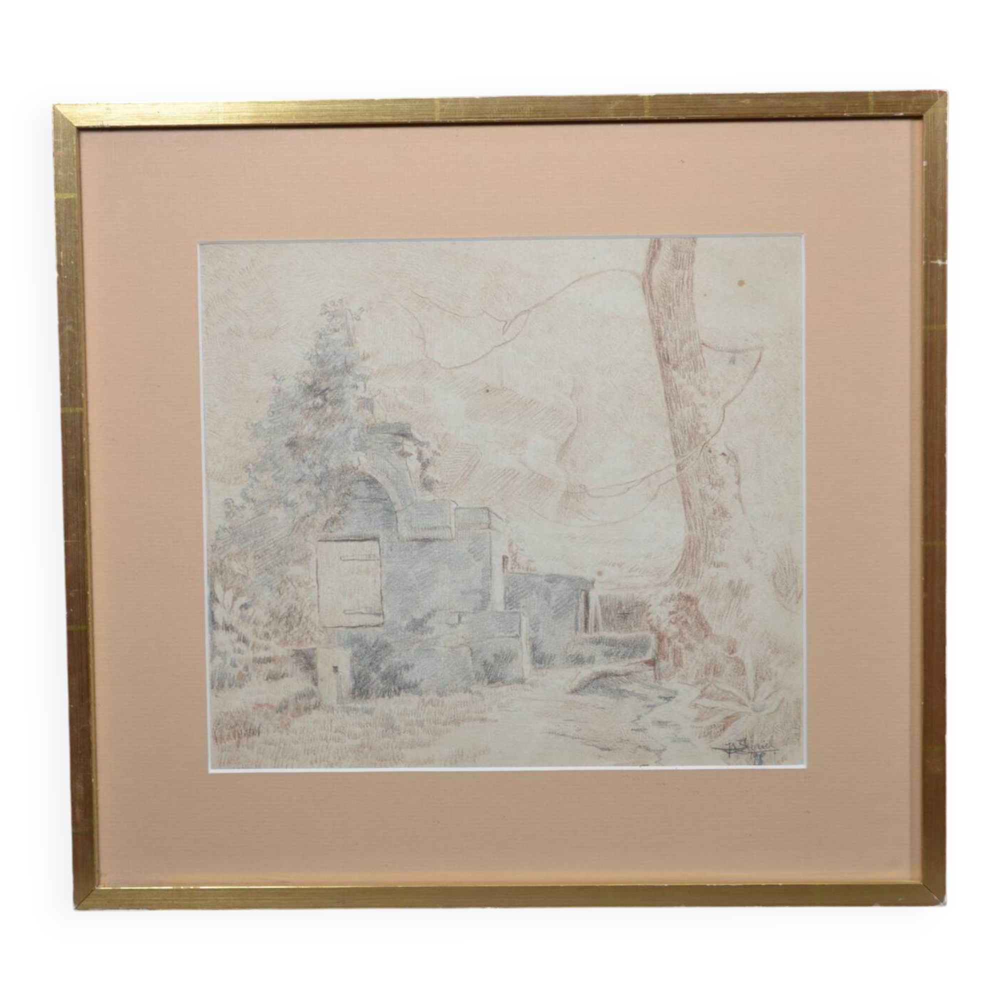 Pencil drawing "Landscape of Ruins" 1918 signed and dated
