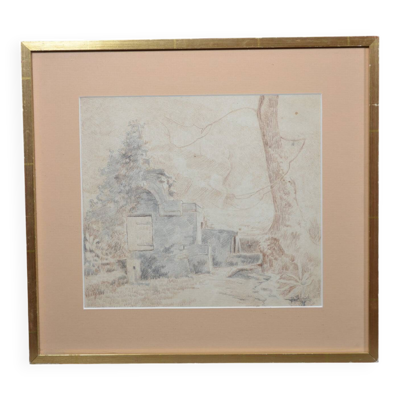 Dessin au crayon ''Paysage de ruines'' 1918  signé et daté