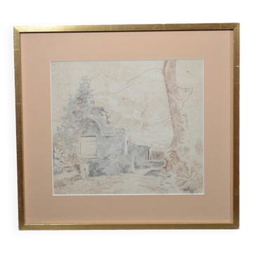 Pencil drawing "Landscape of Ruins" 1918 signed and dated