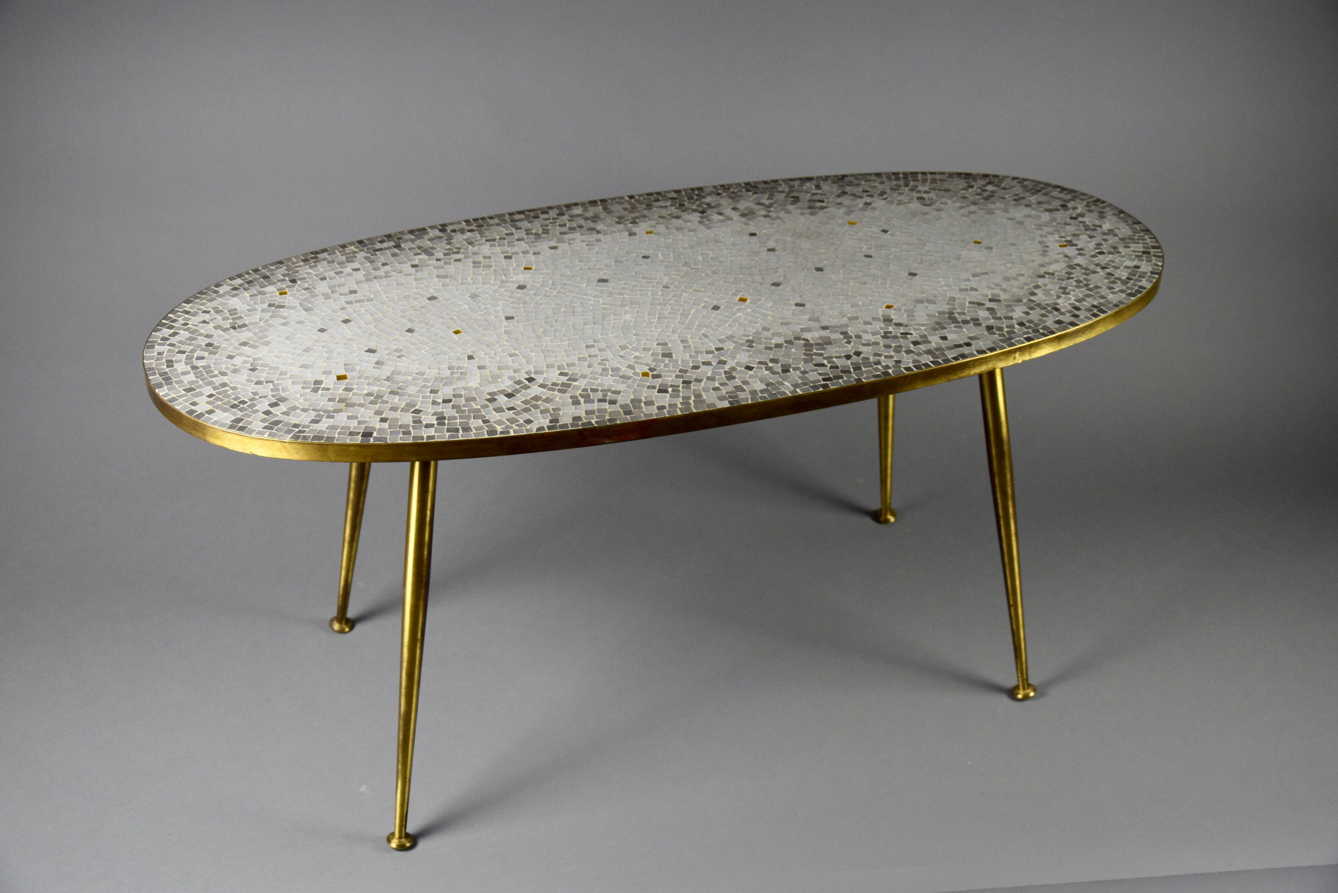 Brass Mid century Oval Coffee Table with Grey Glass Mosaic and Gold Highlights