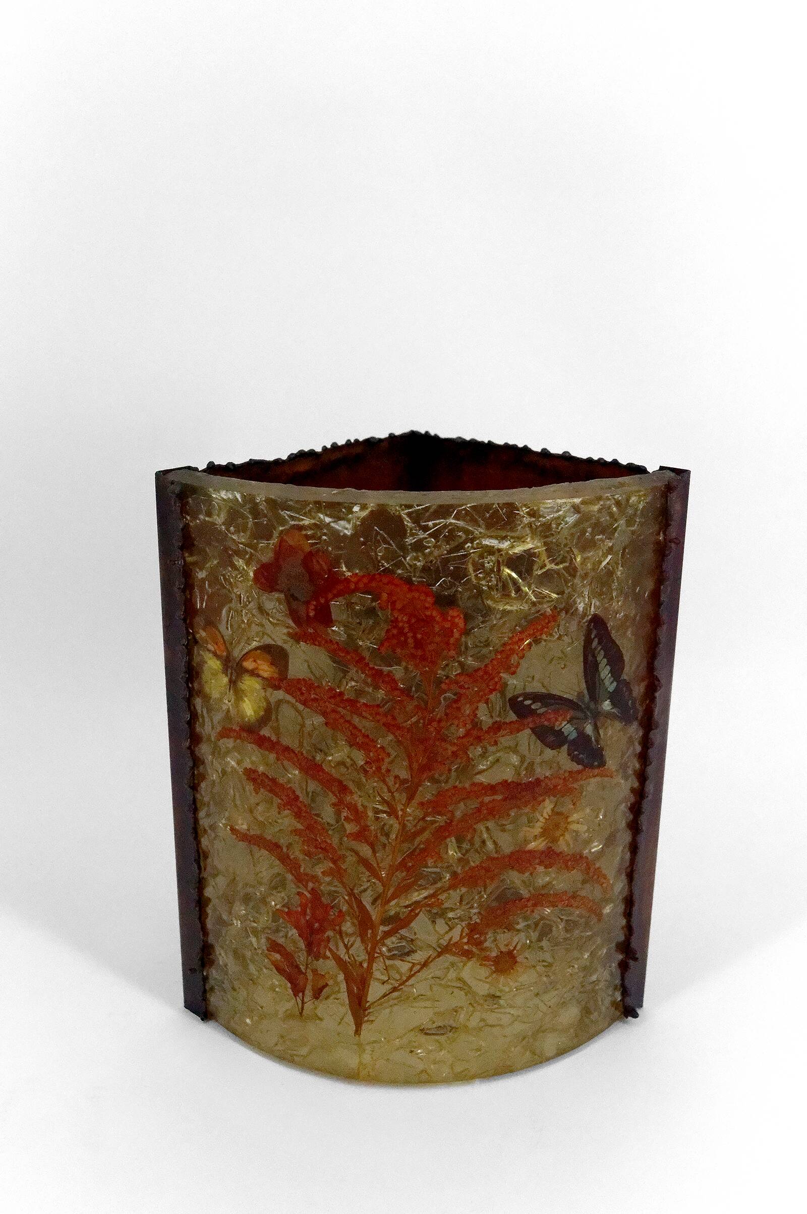 Corner wall light from the potters of Accolay in patinated copper and fractal resin,