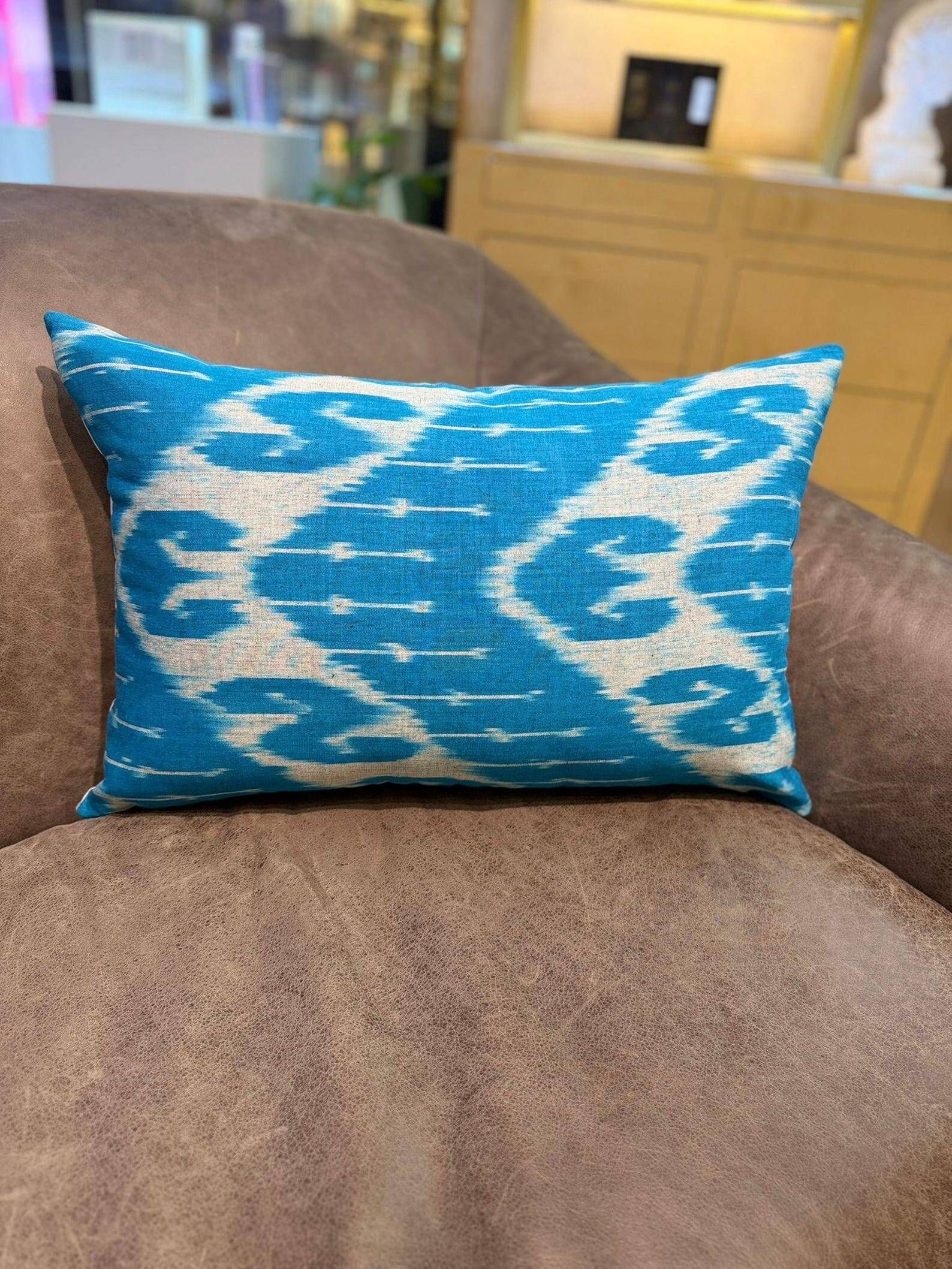 Hand Crafted Silk Ikat Lumbar Cushion Cover, Sky Blue Wave Pillow Case