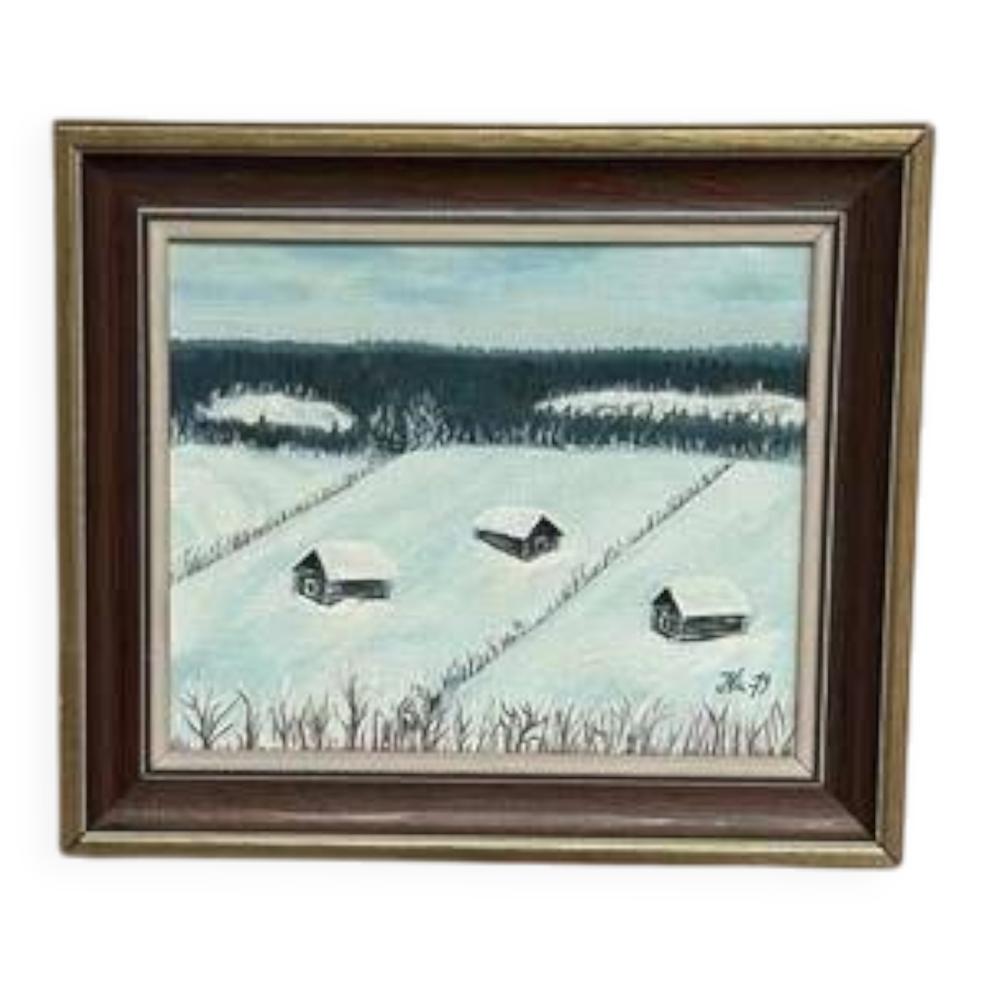 Swedish Oil on Canvas “Houses in the snow” by Nik 79 Vintage & Framed 35x30cm
