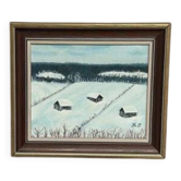 Swedish Oil on Canvas “Houses in the snow” by Nik 79 Vintage & Framed 35x30cm