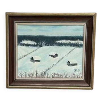 Huile sur toile suédoise "Maisons dans la neige" par Nik 79 Vintage & encadrée 35x30cm