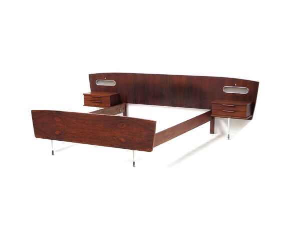 Mid century modern double bed with nightstands made of high quality rio rosewood, 1960s