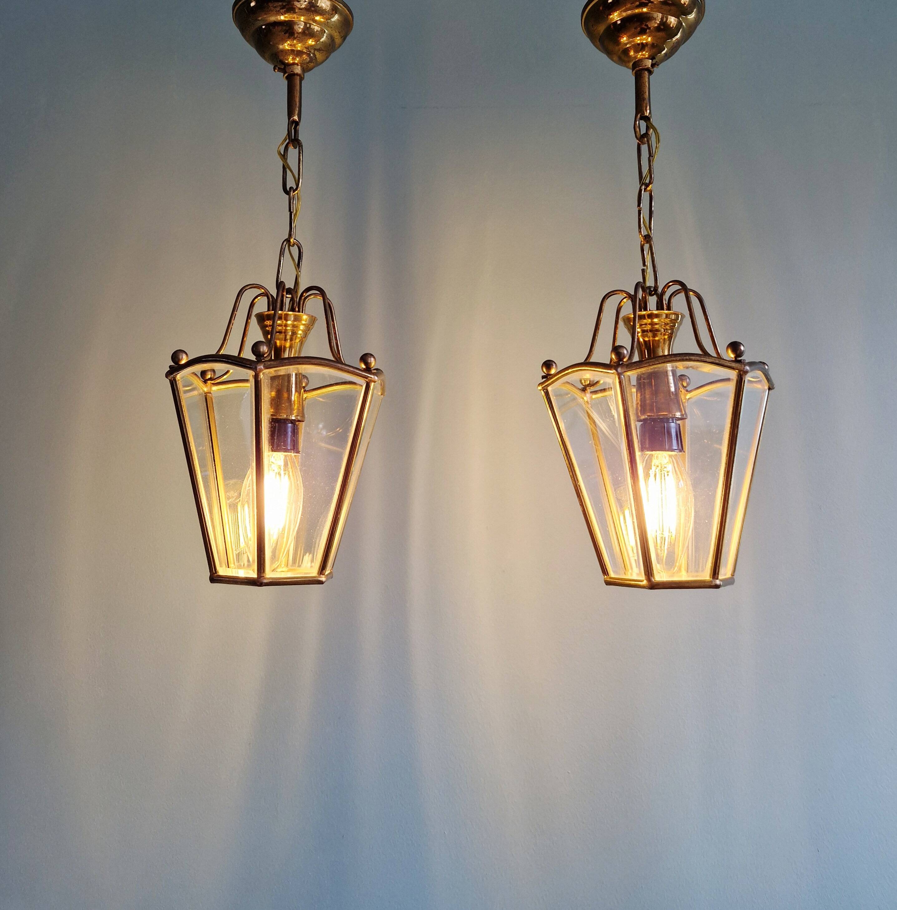 Pair of brass and bevelled glass pendant lights/lanterns, 1950-60.