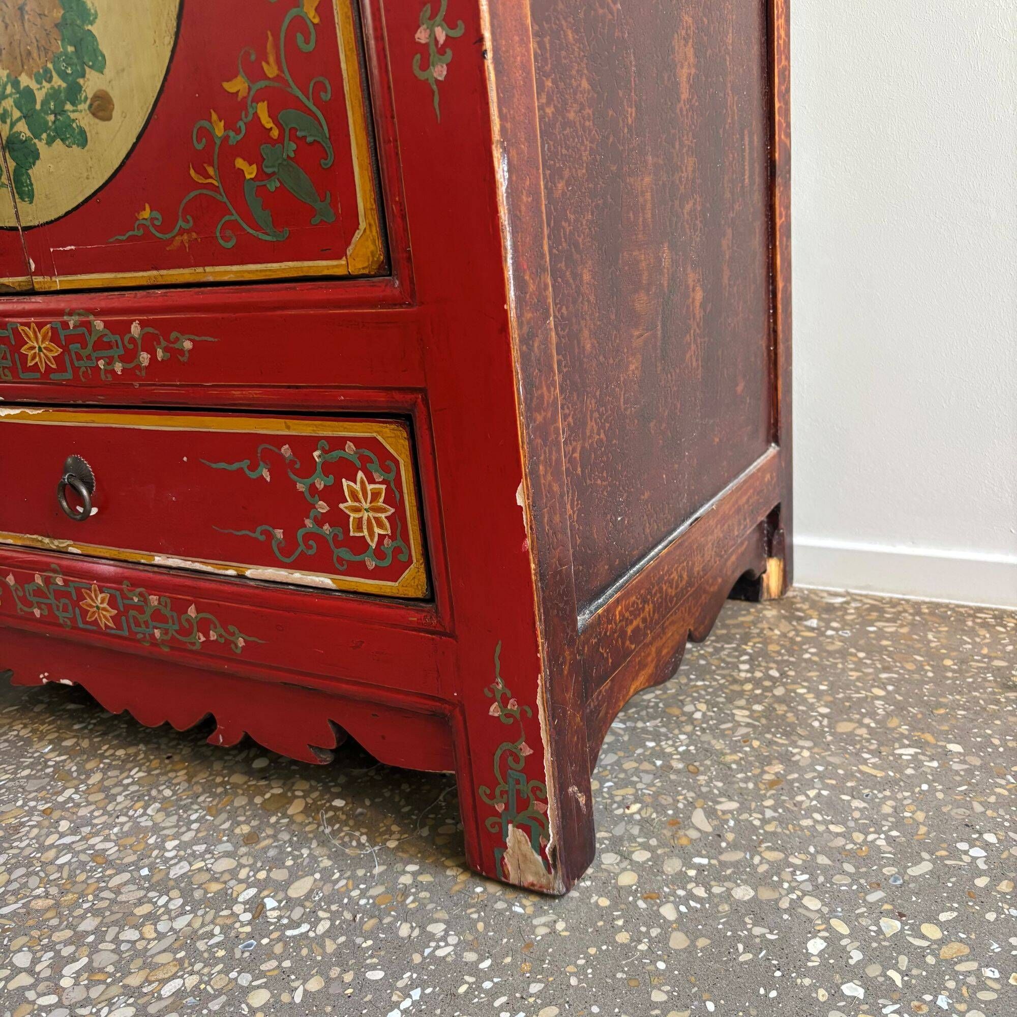 Chinoiserie, Asian wooden cabinet, painted with decor of flowers and birds
