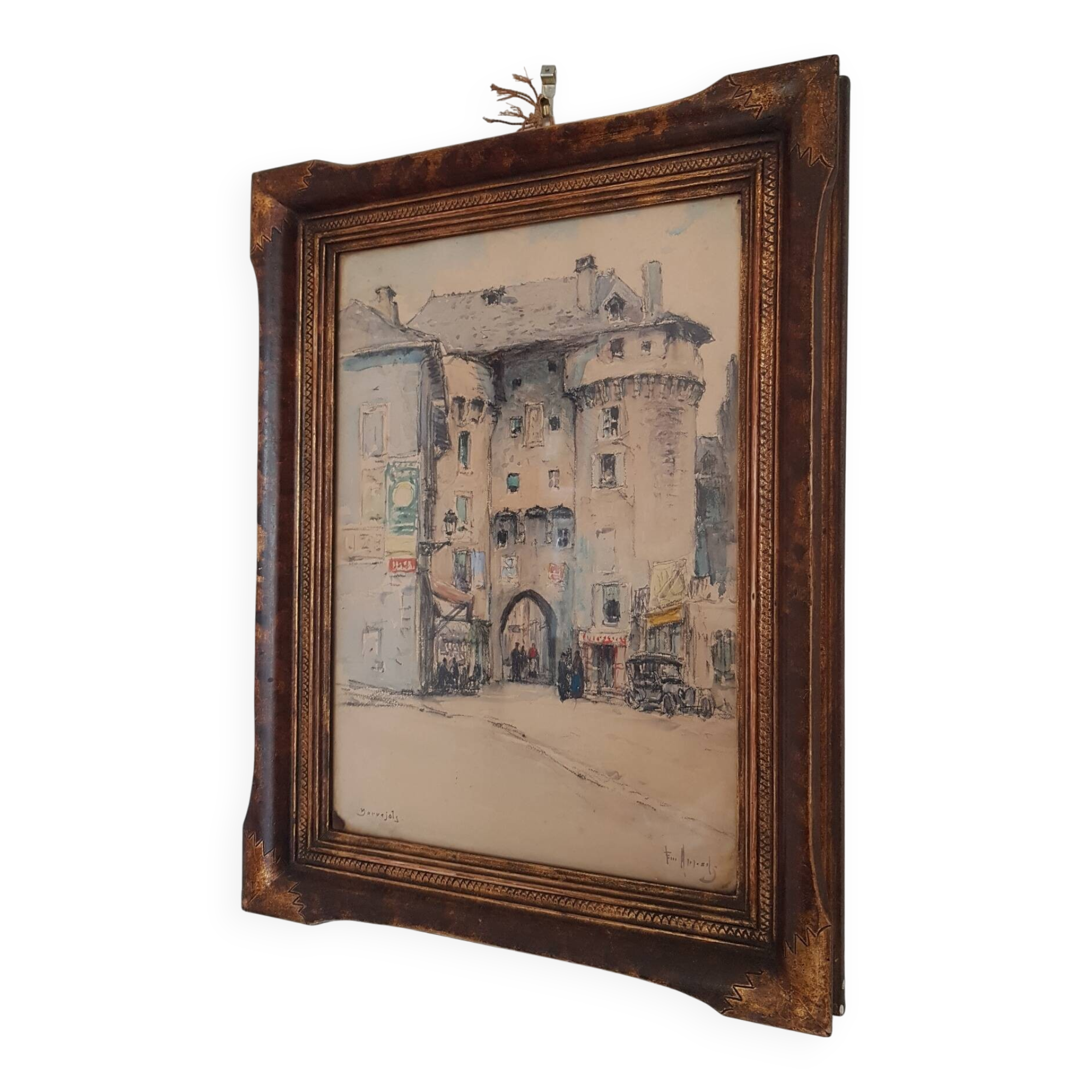 Old watercolor painting "Fortified entrance to Marvejols"
