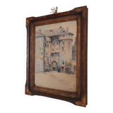 Tableau ancien aquarelle "Entrée fortifiée de Marvejols"