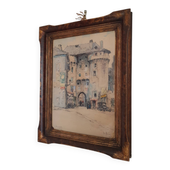 Old watercolor painting "Fortified entrance to Marvejols"