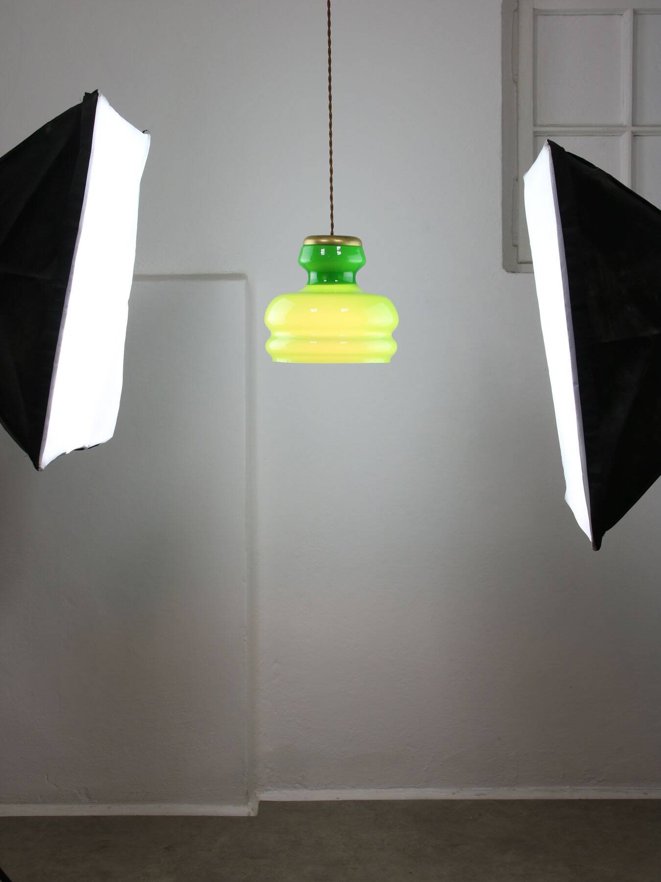 Big Green Mid-century Italian Brass and Glass Pendant Lamp