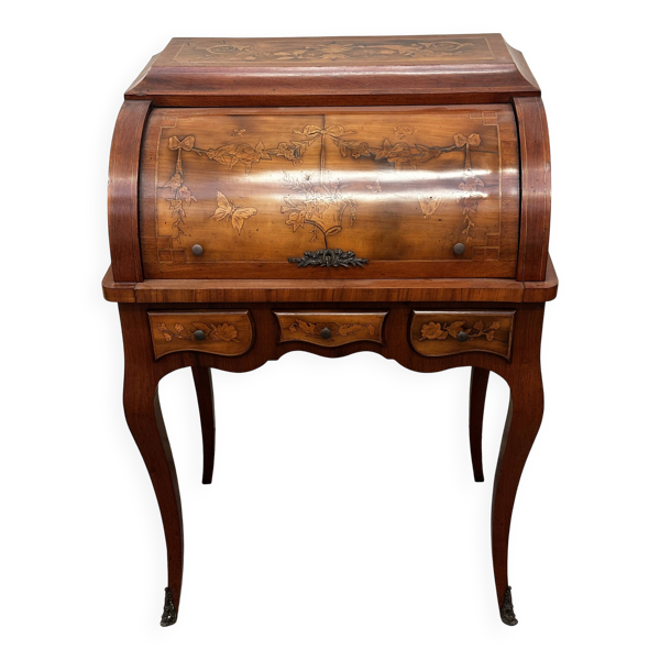 Secrétaire cylindrique Art-Nouveau marqueté décor Floral